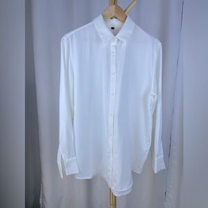 Spring Season White Button Down Oversized Silky Long Sleeve White Shirttail Hem